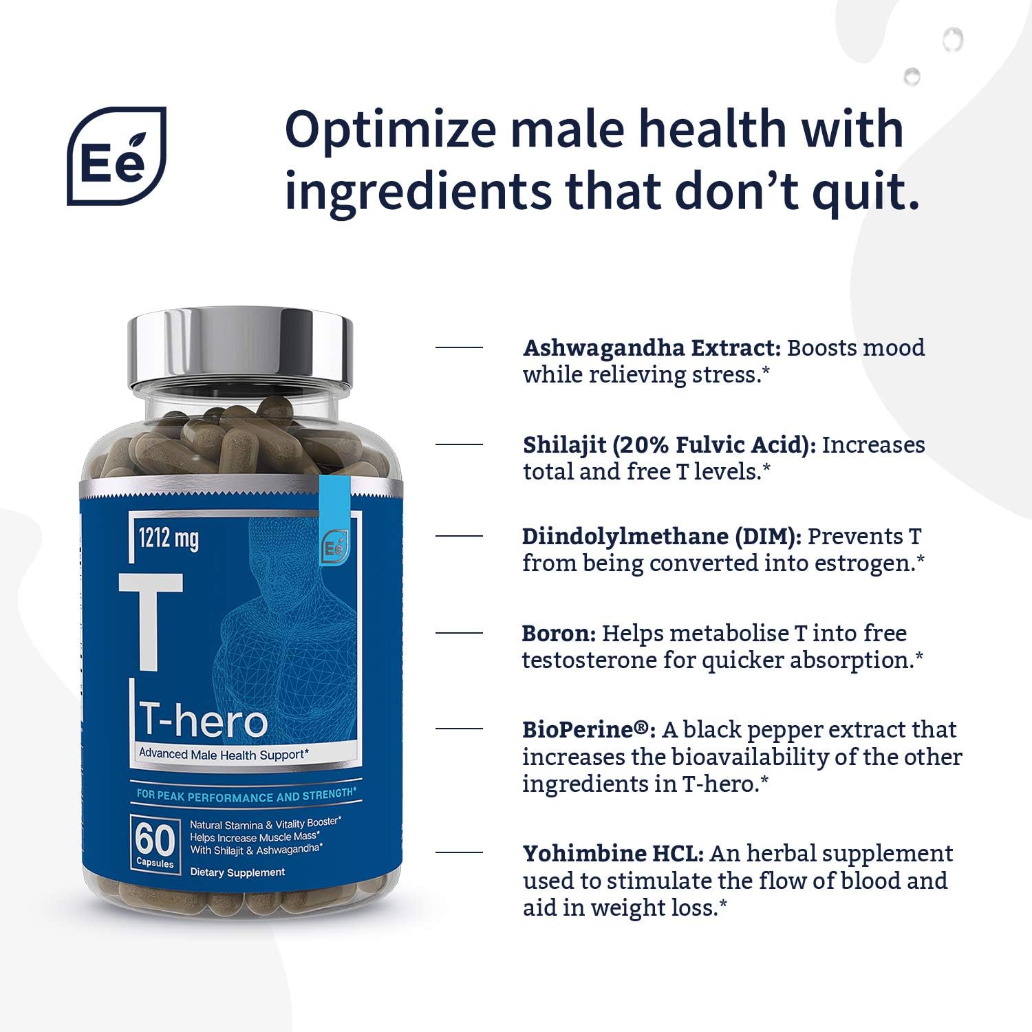 Male Health Supplement - Muscle Builder & T-Booster with DIM, Ashwagandha, Shilajit, More | T-Hero by Essential Elements - 60 Vegan Capsules: Health & Personal Care