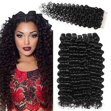 la human hair brazilian hair 3 bundles with closure deep curly human hair bundles with lace closure free part echte haare brazilian virgin human hair