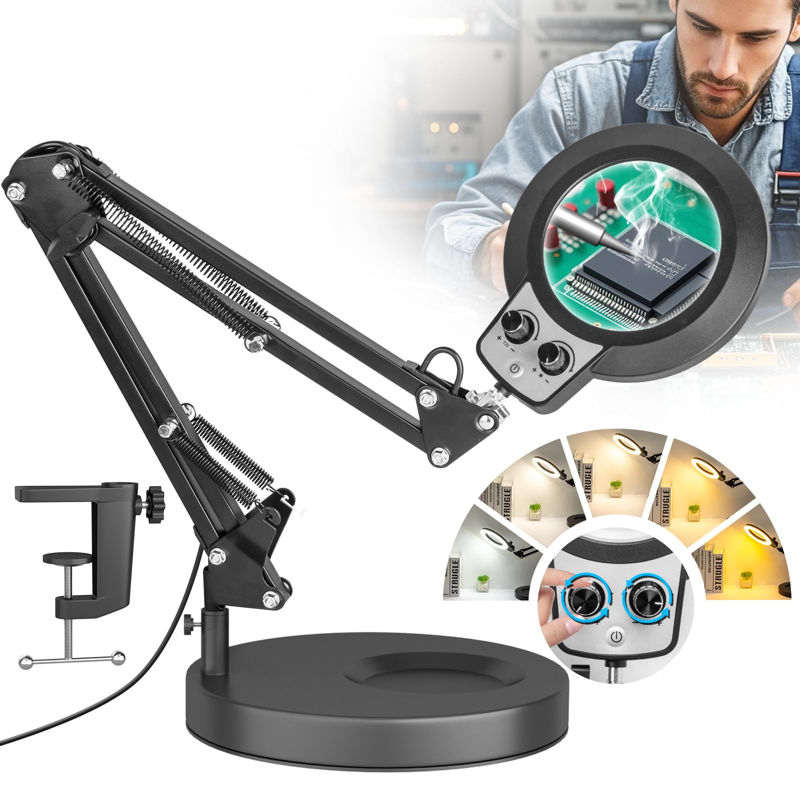 Photo 1 of 12X Magnifying Glass with Light and Stand, Infinite Color Modes & Stepless Brightness LED Magnifying Lamp with Clamp, 2-in-1 Hands Free Lighted Magnifier for Craft Reading Painting Hobby Close Work