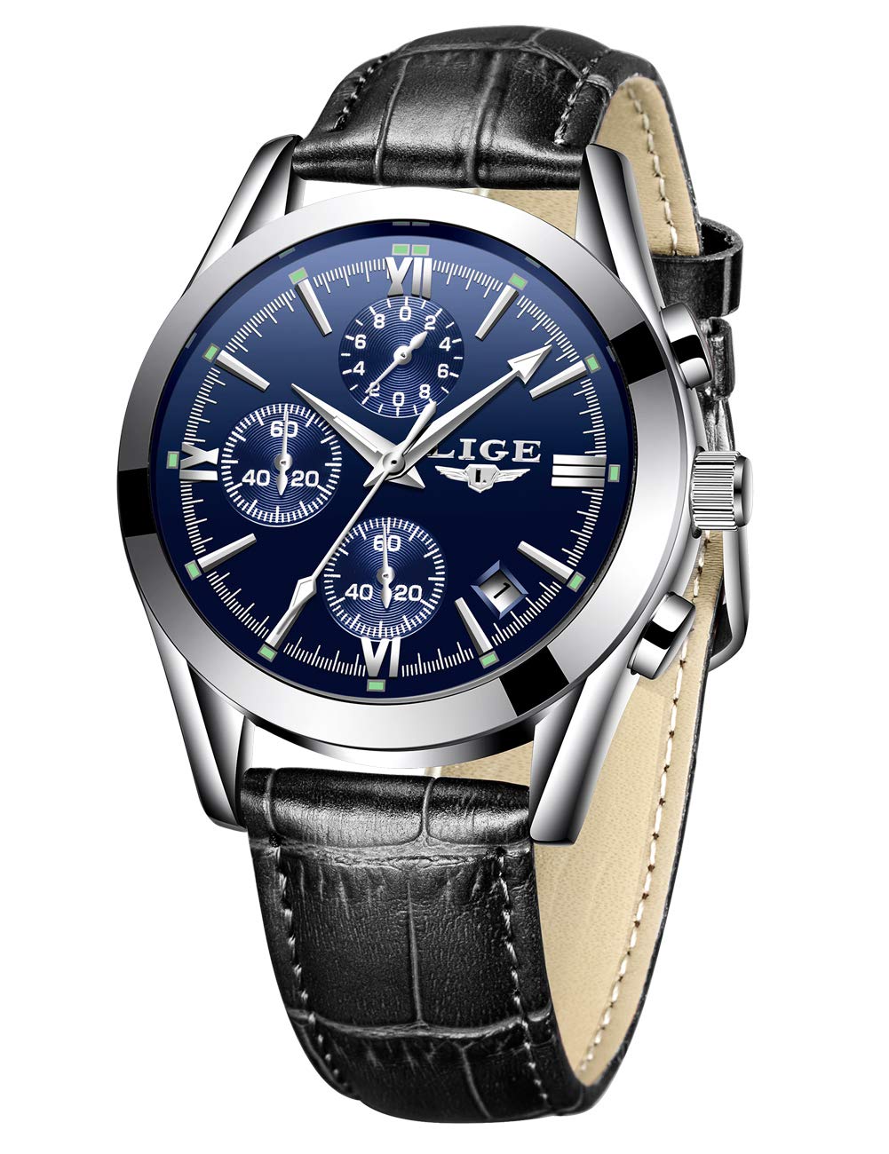 LIGE Watches Mens Fashion Leather Luxury Wrist Watch Sports Analog Quartz Leather Strap Watch Gents Business Dress Chronograph Waterproof Watch Multifunction Classic Watch Black Blue