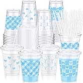 Jingmore 48 Sets Valentine Bow Cups Bulk, 12 oz Coquette Plastic Cups with Lids and Straws Disposable Bow Theme Party Decoration for Valentine Bridal Bachelorette Wedding Party Supplies (Blue)