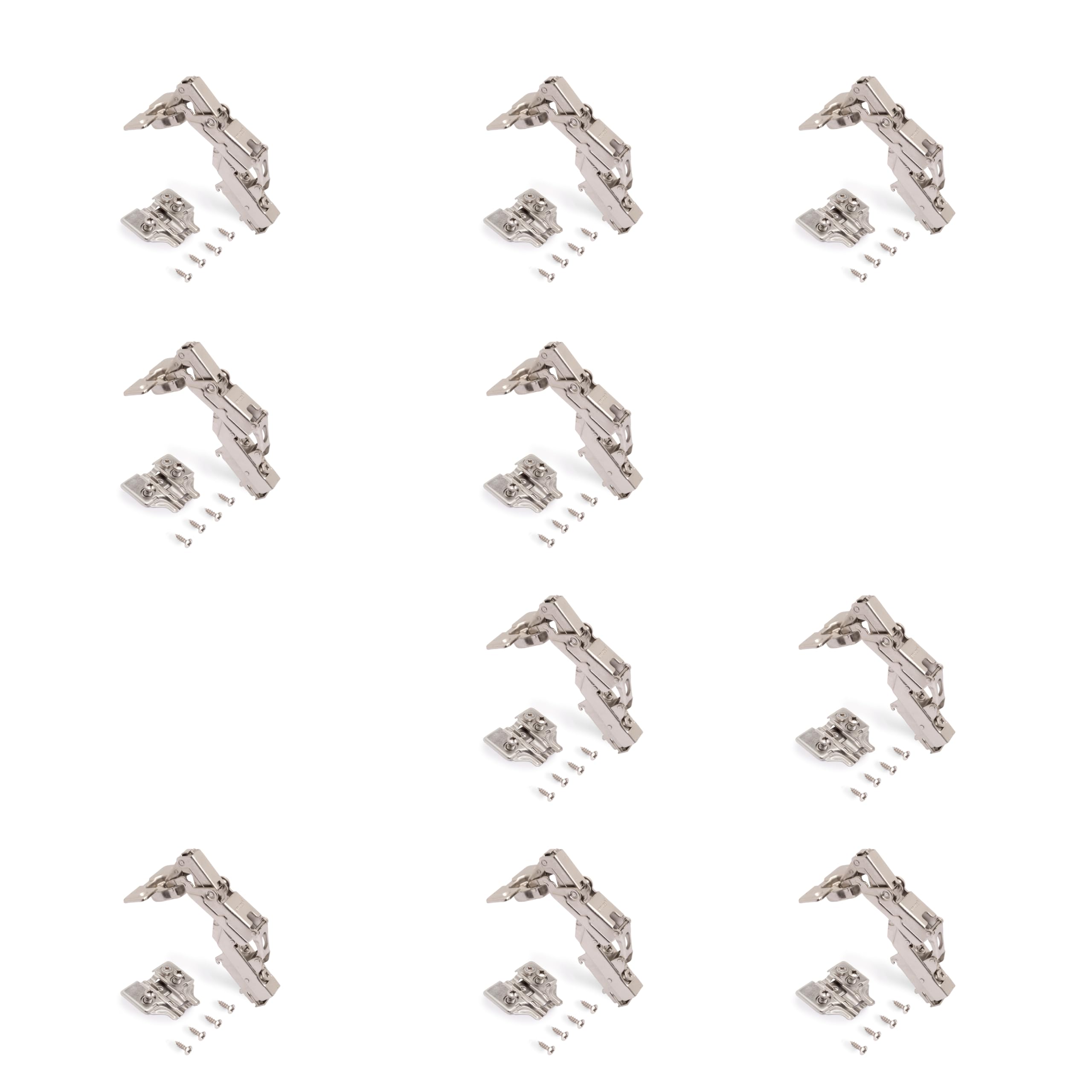 Emuca - Half Overlay Hinges X91, Opening 165º with Soft Closing and Euro Screw-in Plates, Height 0, Steel, Nickel Plated, 10 pcs