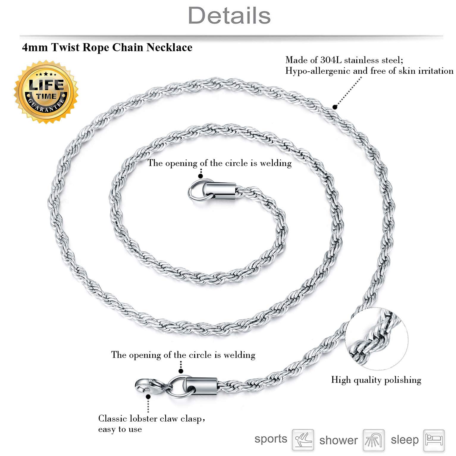 Kissyan Stainless Steel 2mm to 5mm Twist Rope Chain Necklace For Unisex Adult 16 to 32 Inch Option (3.0 mm-28 inch)