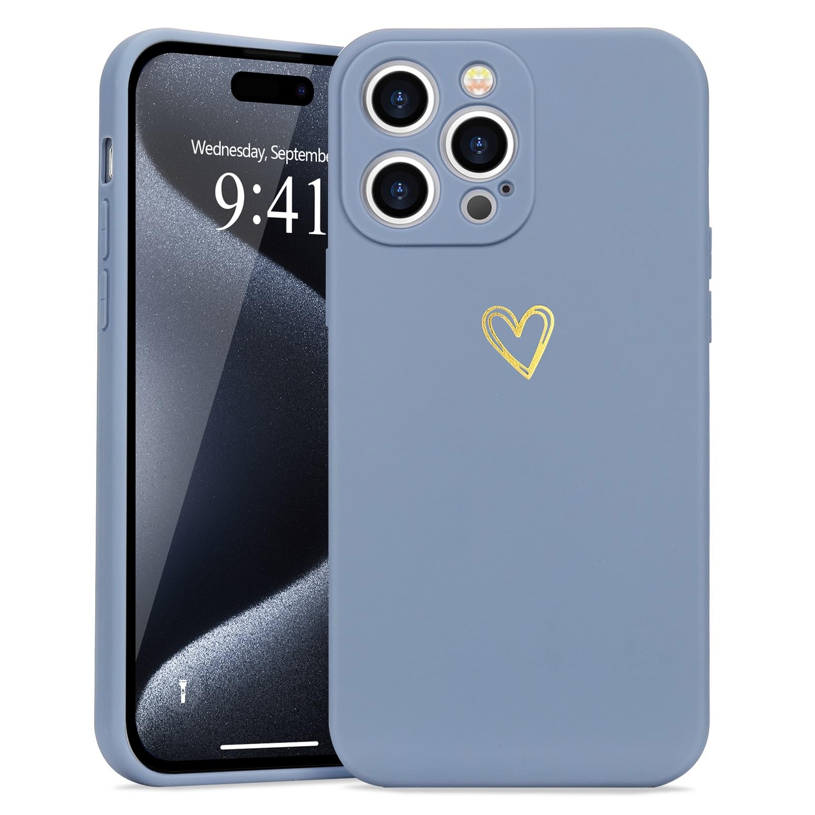 Wirvyuer for iPhone 15 Pro Max Case Cute Heart Pattern Soft Shockproof Protective Silicone Phone Case for Women Girls, Blue Grey — image 1