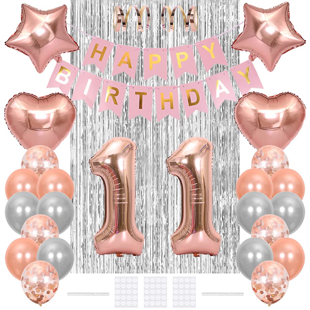 Xihuimay 11th Birthday Decoration Happy Birthday Banner Flag 11 Year Old Party Supplies Tinsel Curtain Number 11 Balloon Confetti Latex Helium Star Heart Foil, Rose Gold