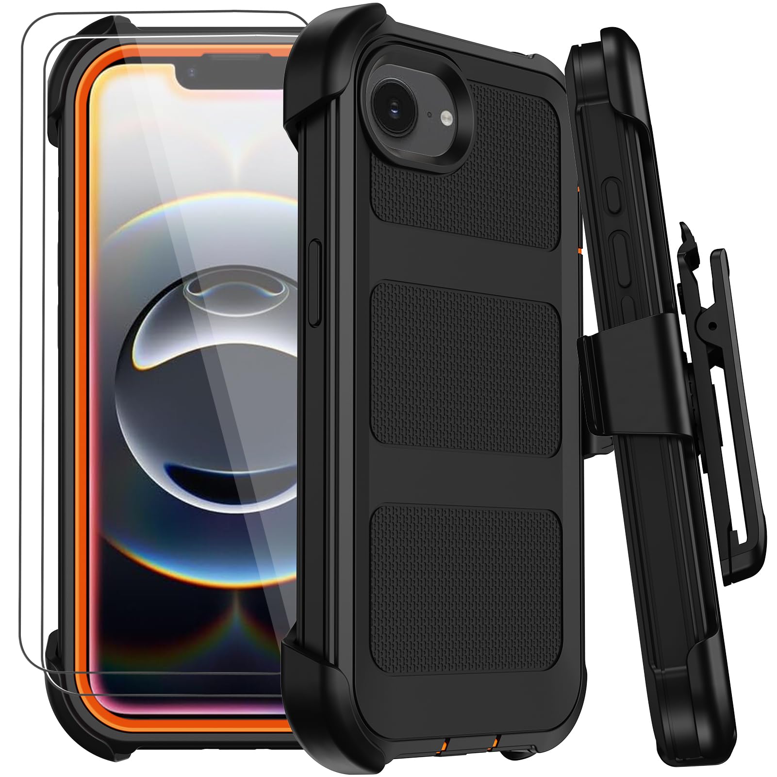 for iPhone 17e/16e Case with Belt Clip Holster,Military Grade Anti-Drop Shockproof Defender Phone Cases 2x Screen Protectors & Kickstand,2 Layers Rugged Heavy Duty Protective Bumper Cover(Black Orange