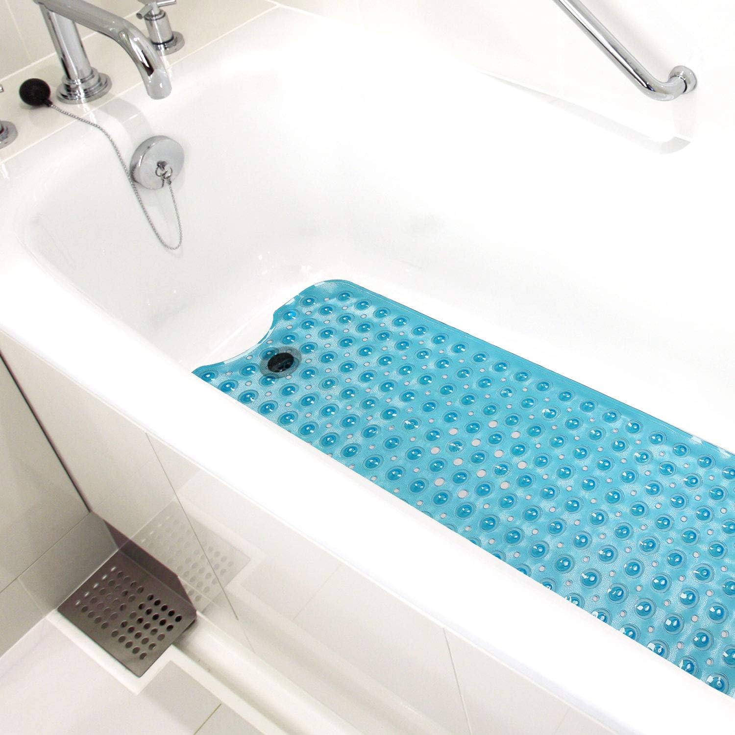 HealthSmart Antimicrobial Bath Mat with Non-Slip Suctions and Drain Holes, Extra Long, Light Blue: Health & Personal Care