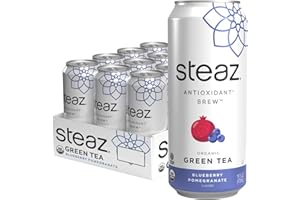 Steaz - Organic Green Tea - Blueberry Pomegranate (12 Pack) - Antioxidant Brew - 65mg Natural Caffeine, 90 Calories, Vitamin C - Cane Sugar Sweetened Iced Tea - Vegan - 12 Cans, 16 fl oz (473mL)