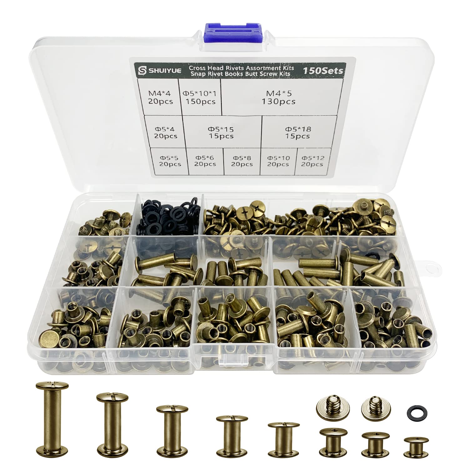 150 Sets Carbon Steel Screw Rivets, Chicago Screws Assorted Kit(8 Sizes), Chicago Button Tack Screw, Flat Head Screw Rivets Buttons, for DIY Leather Decoration Bookbinding Round(Bronze Color)
