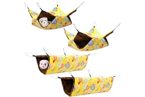 4Pcs Ferret Rat Hammock Set, Small Animal Hammock for Cage, Warm Guinea Pig Hideout Bed, Soft Hamster Toys Hanging Tunnels & 