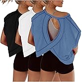 Womens 3 Pack Open Back Tops Casual Short Sleeve Workout Shirts Y2k Crop Athletic Tops Gym Yoga Running Tees