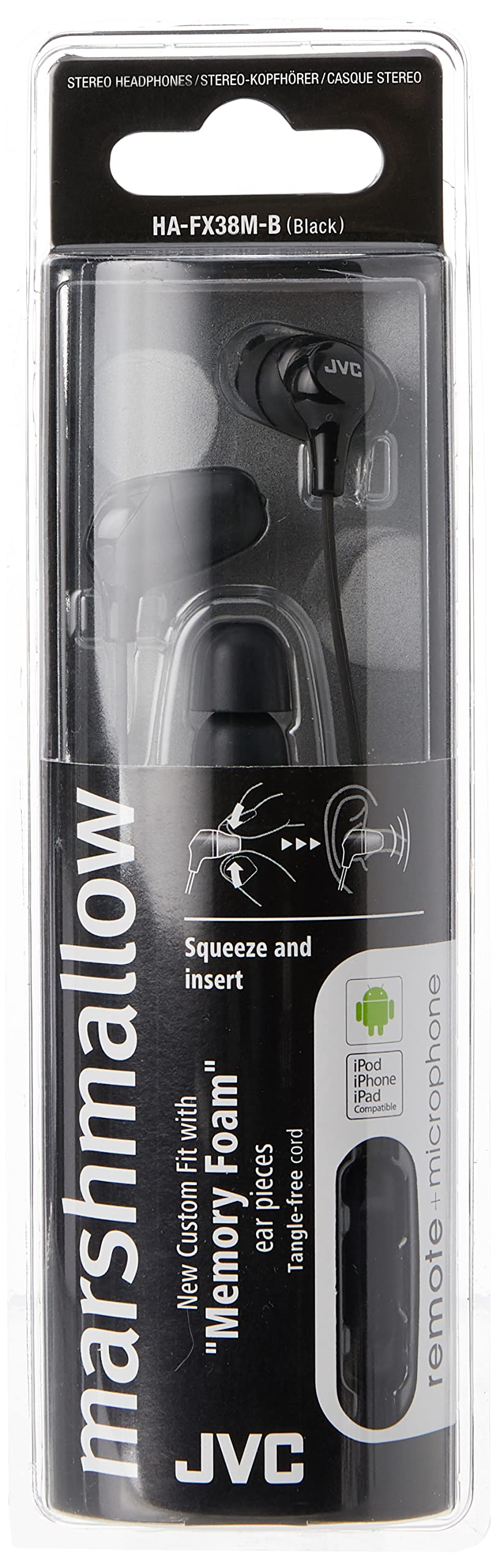 JVC HA-FR38M-B-E Marshmallow Custom Fit In-Ear Headphone with Remote and Microphone - Black, 6.0 cm*31.0 cm*19.0 cm