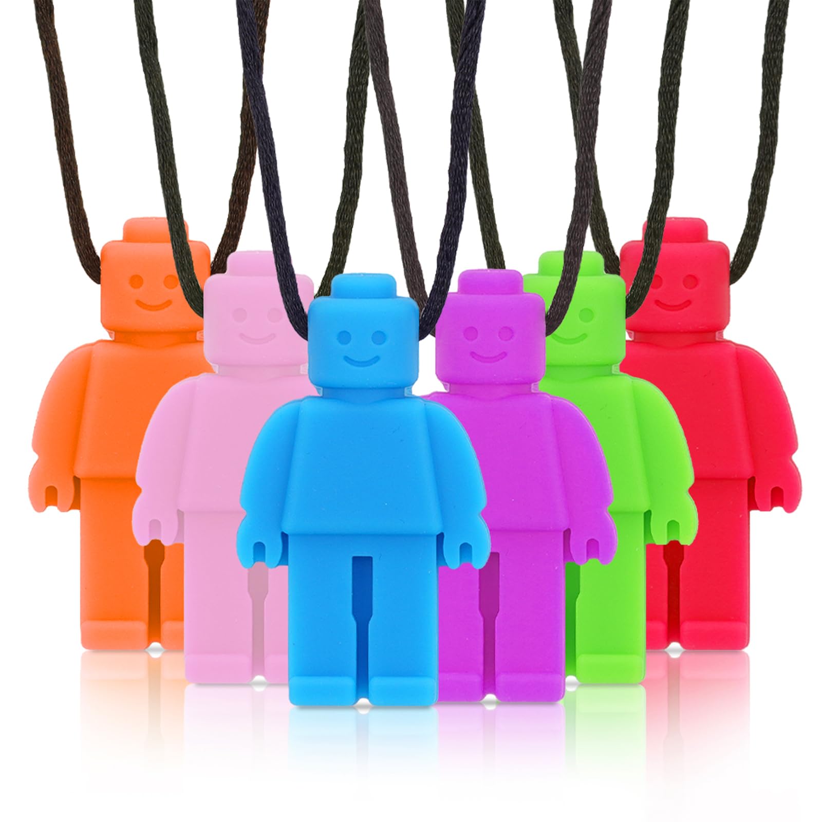 ORUZA Sensory Chew Necklace, 6 PCS Robot Men Chew Necklace for Teething, ADHD, Autism, Biting Needs, Oral Motor Chewy Teether for Autistic Children Baby Boys&Girls