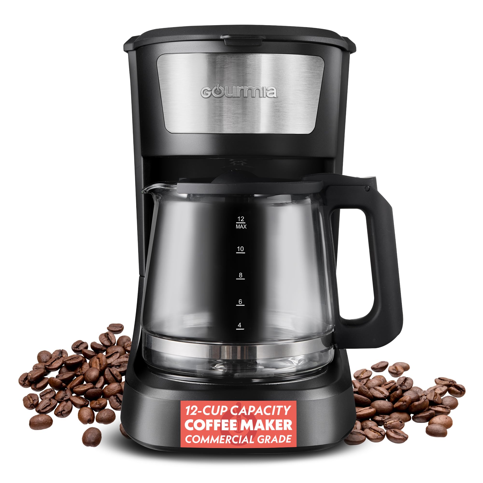Photo 1 of Gourmia Drip Coffee Maker – 12 Cup, One-Touch Operation, Pause & Serve, Automatic Keep Warm, Easy View Water Window, Compact Design, Stainless Steel Accents, Black