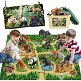 Mini Tudou Safari Animals Figures &amp; 57x38.6'' Play Mat for Kids Toddler 3-5 | Zoo Animal Toys, Realistic Wild Animal Figurines, Plastic Jungle African Animals Playset with Storage Bin, Gift for Boy Girl