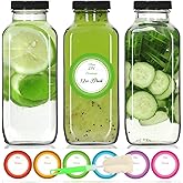 STARSIDE 12 oz 3 Pack Glass Juice Bottles with Lids - Square Reusable Drinking Jars for Juicing, Milk, Kombucha - Includes 1 Bottle Brush, 6 Colored Labels