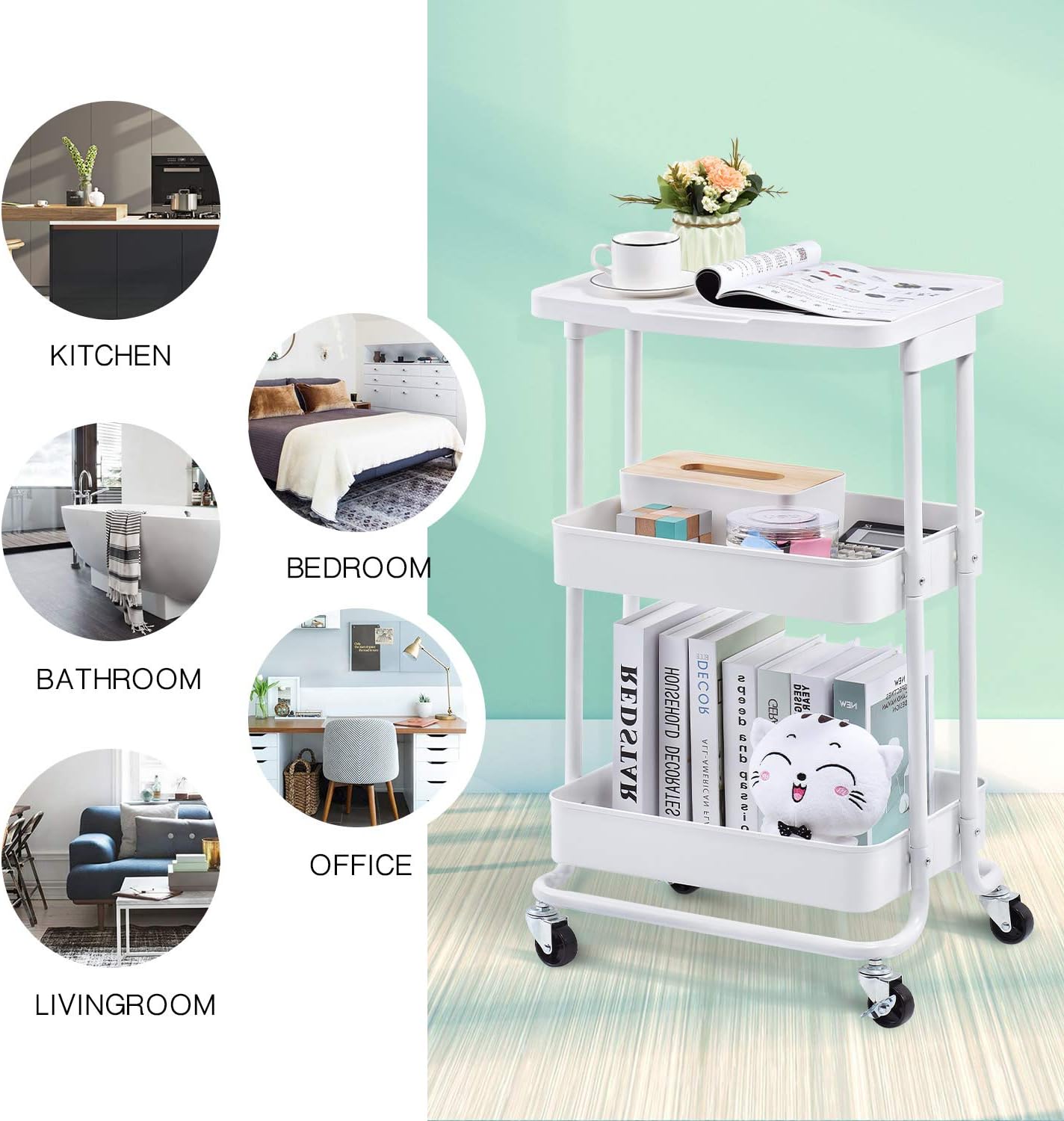 TOOLF 3-Tier Metal Rolling Storage Cart with Practical Tabletop, 3-Tier Metal Serving Rolling Cart with Contral Handle,Trolley Organizer with Locking Wheels for Library Office Classroom Home Dedroom: Kitchen & Dining