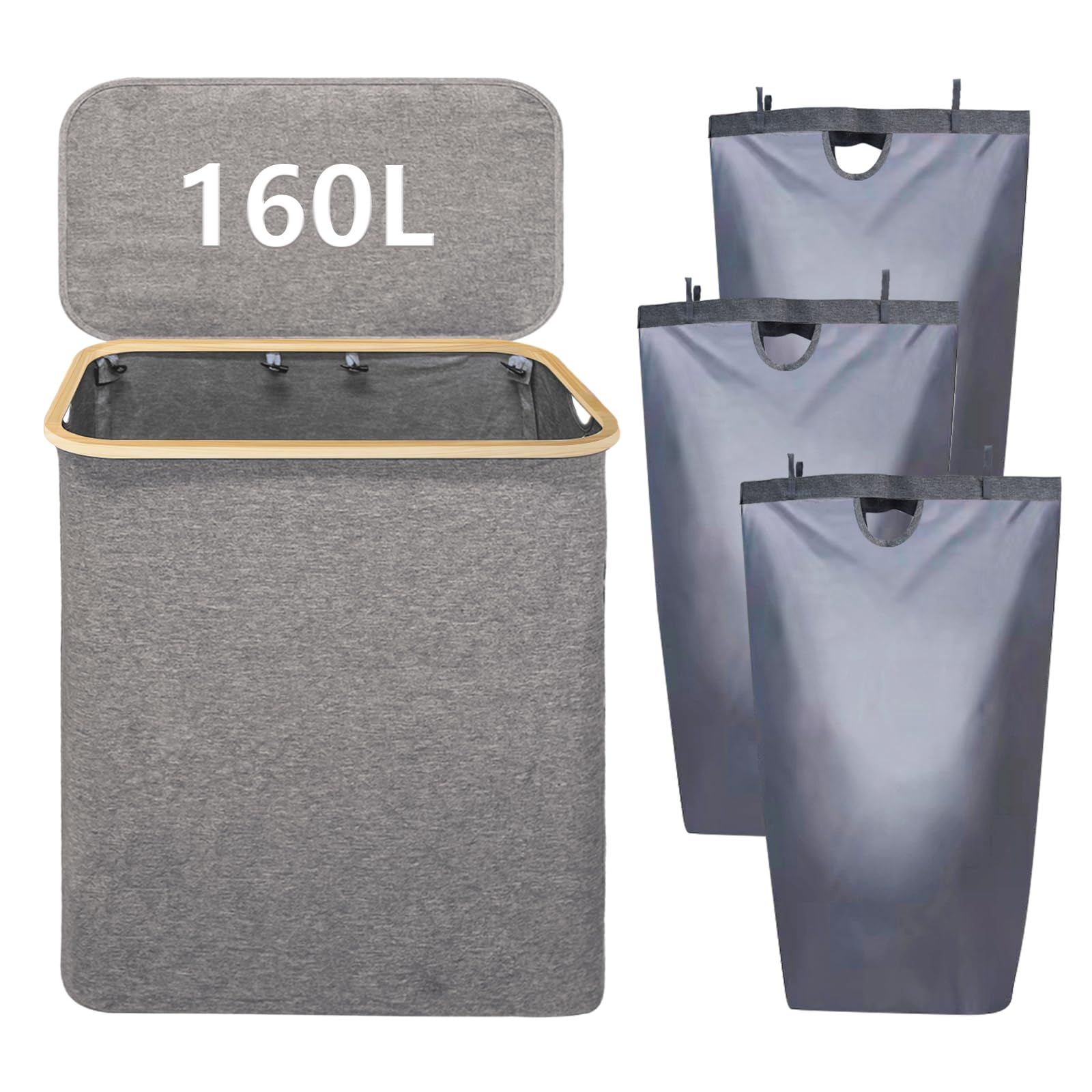 Gabrella Washing Baskets 160L Laundry Basket with Lid, Large Laundry Basket 3 Section Laundry Hamper with Bamboo Handles and Labels Dirty Washing Bin with Removable Bags for Bedroom Bathroom, Dorm