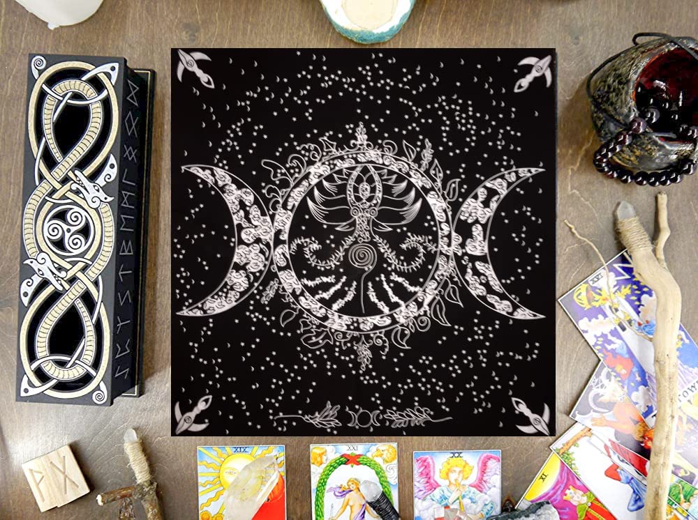 AVA Collections Altar cloth 24 x 24 inches Gold Silver Tarot Table Cloth Spiritual Healing Tarot Table Mat Prints Board Game Table Cover (Special triple goddess moon silver)