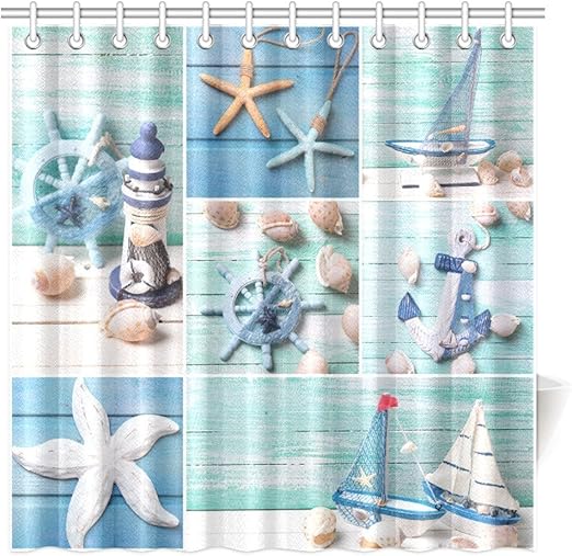 Amazon Com Interestprint Seashells On Wooden Planks Decorations Shower Curtain Decorative Lighthouse Sailing Boats And Marine Items On Wooden Background Fabric Bathroom Decor Set With Hooks 72 X 72 Inches Home Kitchen