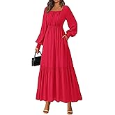 KIRUNDO Casual Fall Dresses for Women 2026 Flowy Long Sleeve Maxi Dress Smocked Empire Waist Square Neck Wedding Party