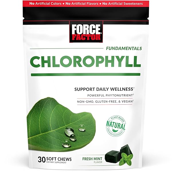 FORCE FACTOR CHLOROPHYLL SOFT CHEWS ANTIOXIDANTS SUPPLEMENT TO REDUCE BODY ODOR, PROMOTE FRESH BREATH, NON-GMO, GLUTEN-FREE, AND VEGAN, FRESH MINT FLAVOR, 30 SOFT CHEWS, GREEN