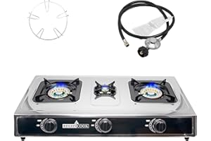 RegiisCook 3 Burners Propane Gas Cooktop,Camping Portable LPG Gas Stove, Auto Ignition Stainless Steel Countertop with regulator and burner grate