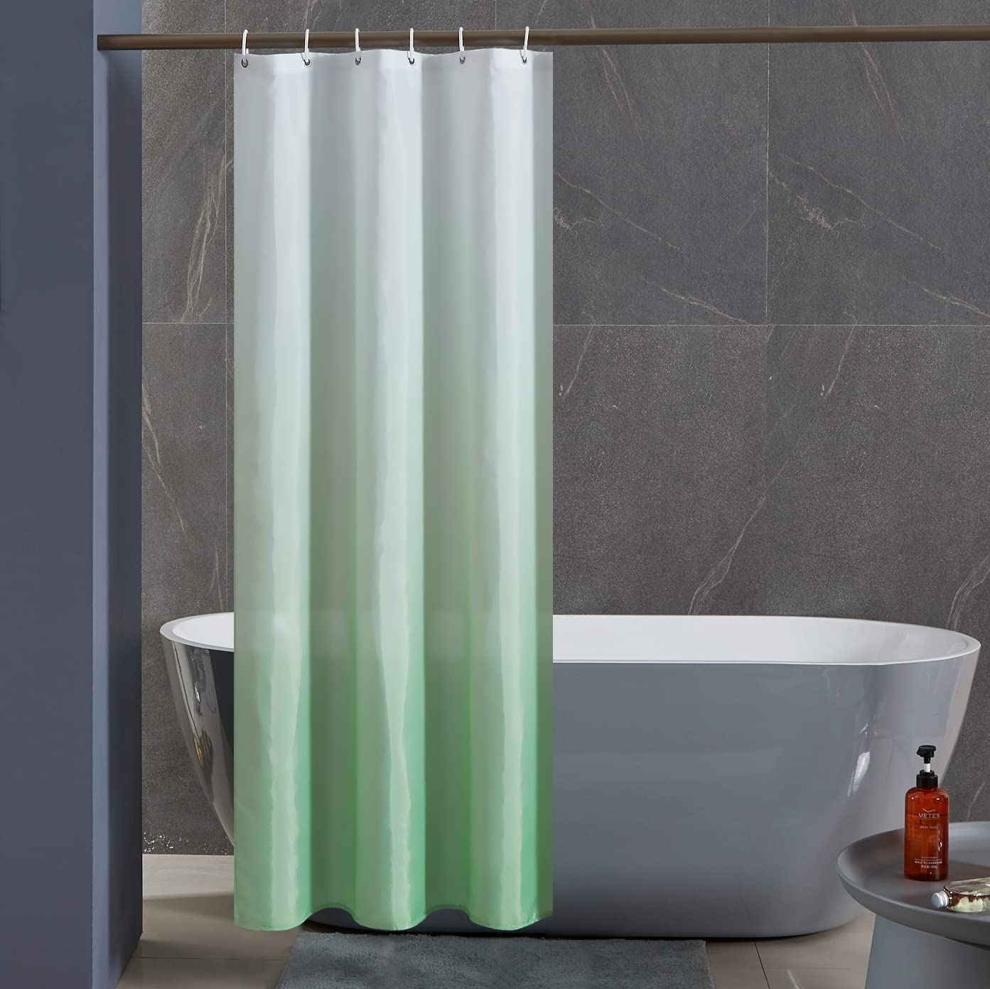 Furlinic Shower Curtain Long 72 Inch Mildew Resistant White to Light Green Bath Curtains Fabric 90x180cm Narrow Waterproof for Bathroom and Wet Room.