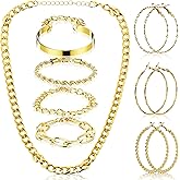 Liliaafar 8 Pcs Y2k Chunky Gold Jewelry Set for Women 80s 90s Jewelry Set Cuban Link Necklaces Hip Hop Costume Accessories Layered Chunky Bracelets Hoop Earrings for Women Christmas Birthday Gift