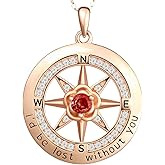 TMWANLT Birthstone Pendant Necklace for Women, Compass Jewelry with Rose Flower Birthday Gift Idea for Wife Friendship Girlfriend Her on Anniversary Christmas, 925 Sterling Silver