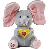eJog Pup Peek a Boo Elephant Toy, Interactive Singing Plush Elephant Toy with Flapping Ears and Hearts, Musical Stuffed Animal for Babies and Toddlers