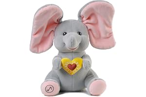 eJog Pup Peek a Boo Elephant Toy, Interactive Singing Plush Elephant Toy with Flapping Ears and Hearts, Musical Stuffed Anima