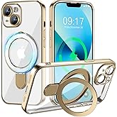 Pmteyoim Magnetic for iPhone 13 Case with Invisible Stand[Compatible with MagSafe][Full Camera Lens Protector][Military Drop Protection] Shockproof Not Yellowing Clear Slim Soft Women Men Gold