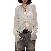 MakeMeChic Women's Long Sleeve Chiffon Mesh Blouse Ruffle Trim Tie Boho Crop Fairy Tops