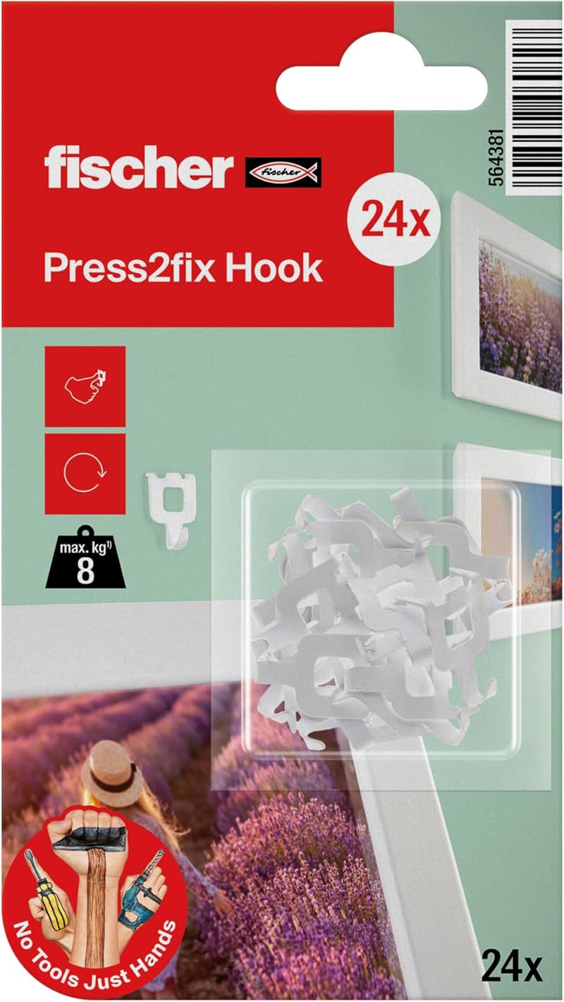 fischer Picture Claw White Hooks - No Drilling Tools - Holds 8kg - Pack of 24