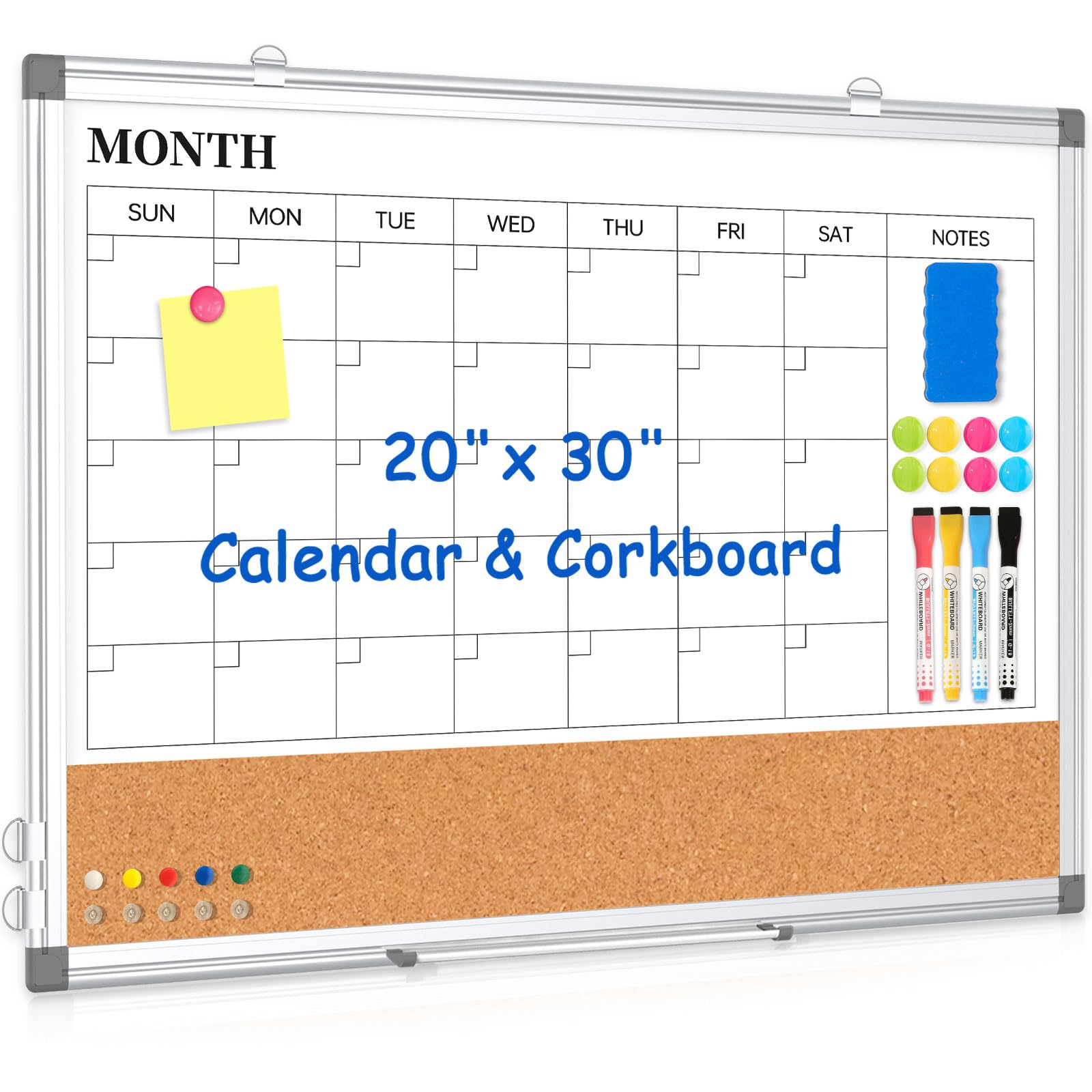 Photo 1 of (see all images) Monthly Calendar Whiteboard Dry Erase Cork Board Combo for Wall, 30" x 20" Magnetic Double-Sided Calendar White Board 