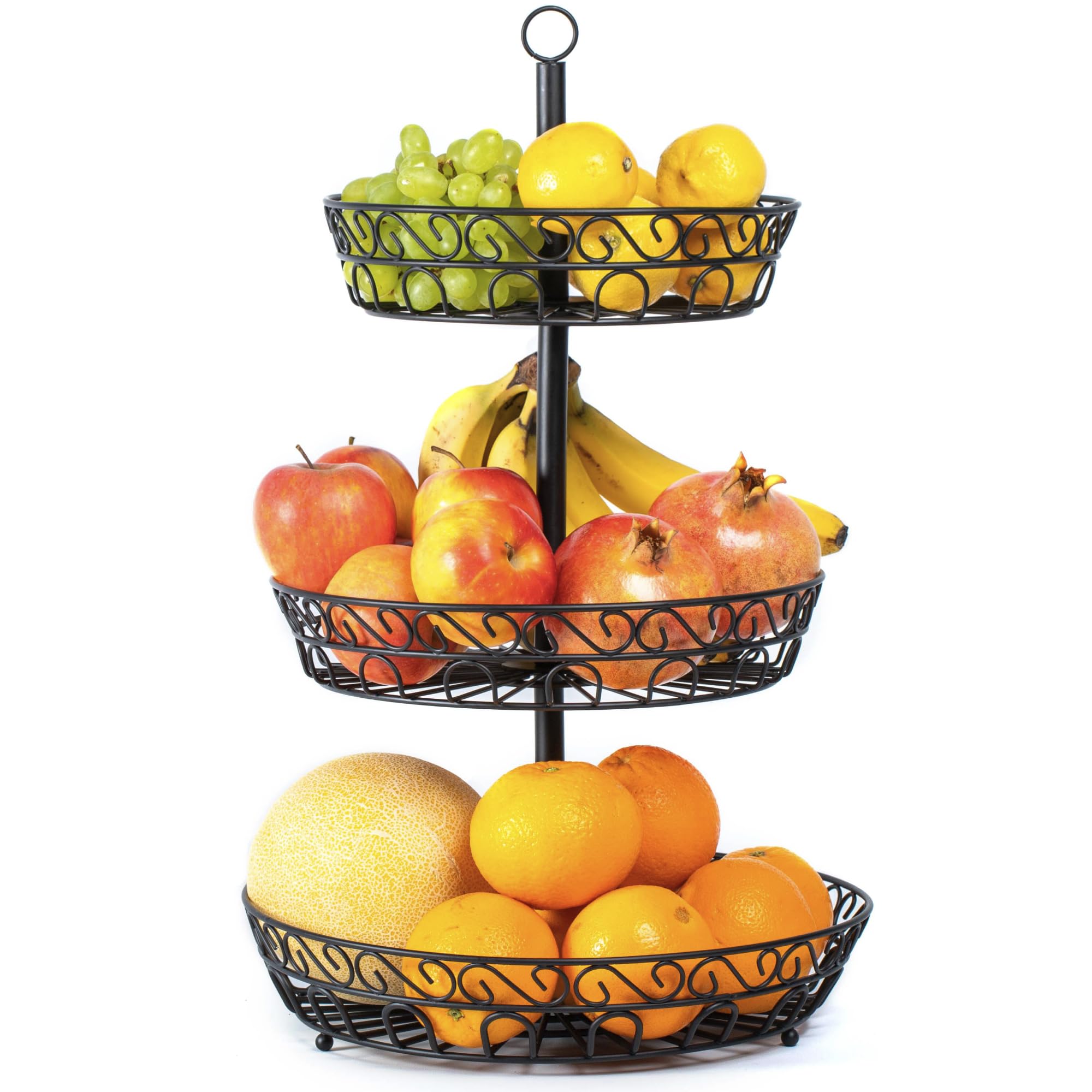 Chefarone 3-Tier Fruit Bowl, Countertop Metal Basket, Black Bowls Vintage Style (34 X 34 X 52cm)
