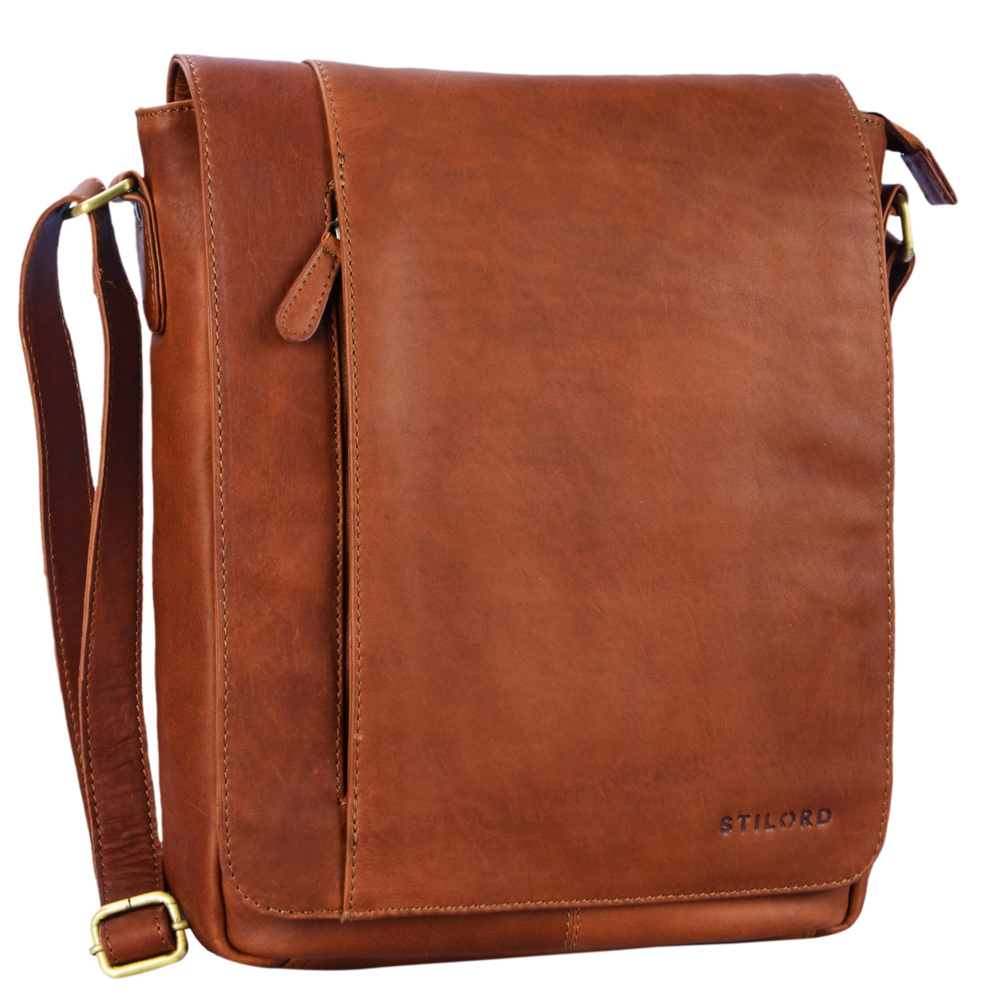 STILORD "Paul" Leather Shoulder Bag Men Vintage Messenger Bag for 13,3 inches MacBook Tablet Vertical Crossbody Bag for A4 Documents in Genuine Leather Colour:Cognac-Brown