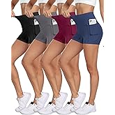 NORMOV 4 Packs Spandex Shorts for Women with Pockets, 3'' High Waisted Tummy Control Booty Yoga Shorts