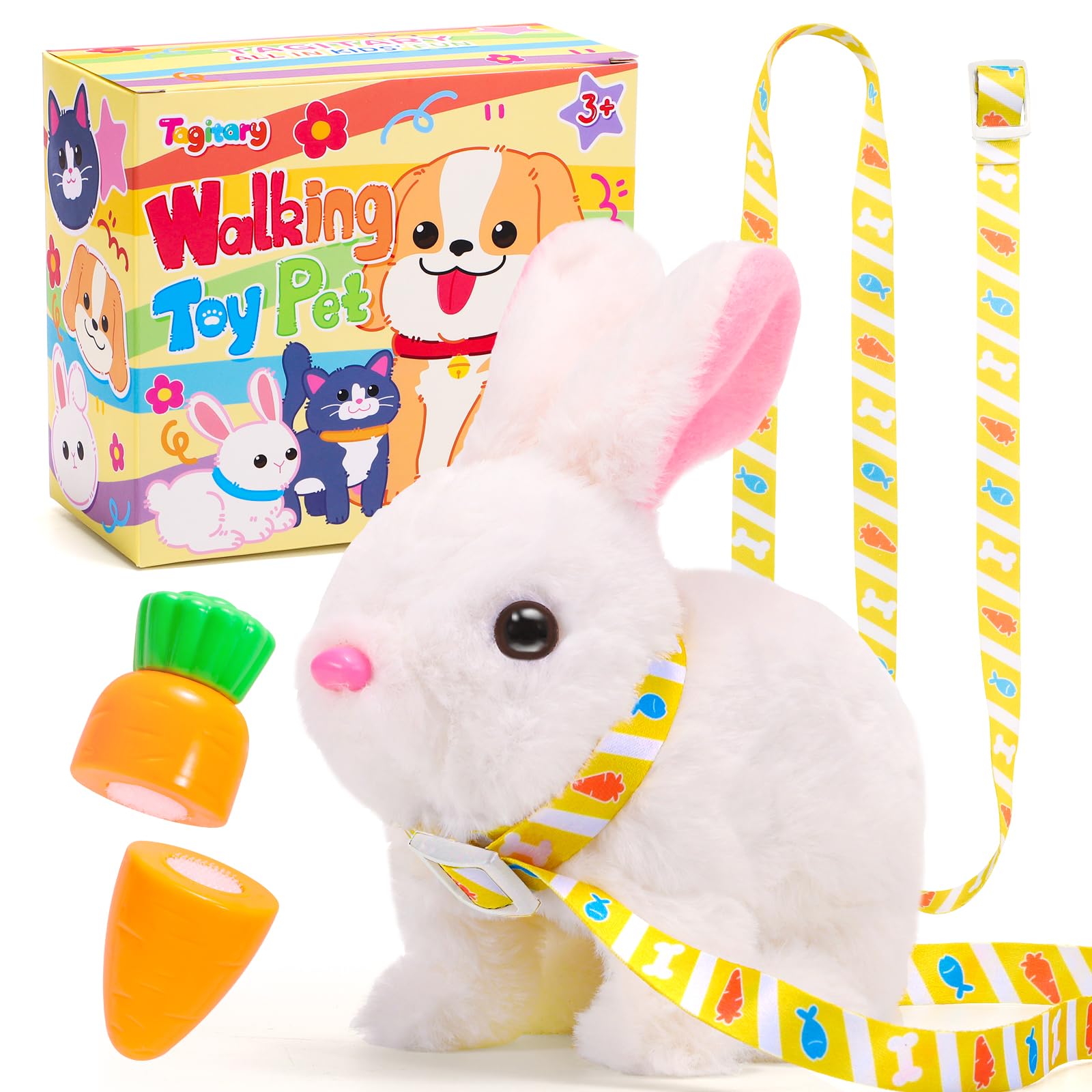 Tagitary Easter Plush Bunny Toys Electronic Toy with Sounds,Wiggling Ears,Twitching Mouth and Nose, Interactive Rabbit Toy for Kids with Leash,Easter Basket Stuffers Birthday Gift for Toddlers