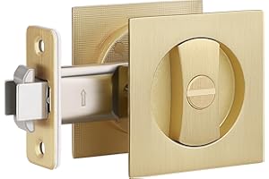 EHOMEWARE 1 Pack Pocket Door Hardware, Pocket Door Handles Gold, Keyless Privacy Door Lock, Pocket Door Lock for Interior Doors, Satin Brass Finish, Reversible for Left/Right Sided Doors