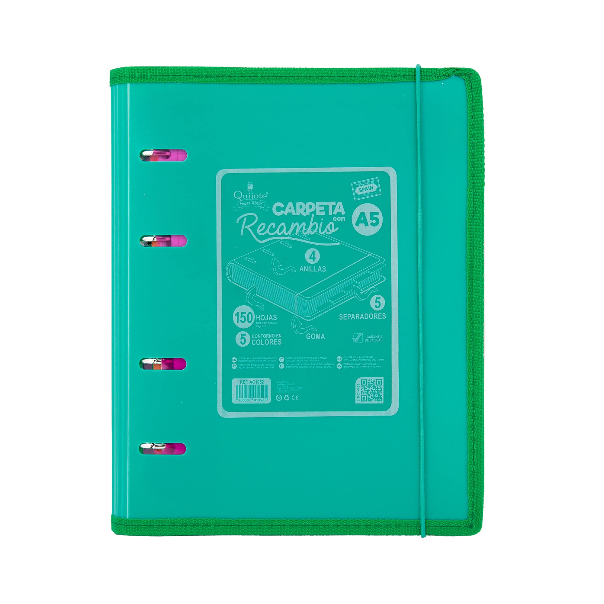Starplast Folders 4 Rings A5-7 Colours, Size A5, with Elastic Closure, Reinforced Edge, 150 Sheets 5 x 5 mm Colours + 5 Dividers – Turquoise