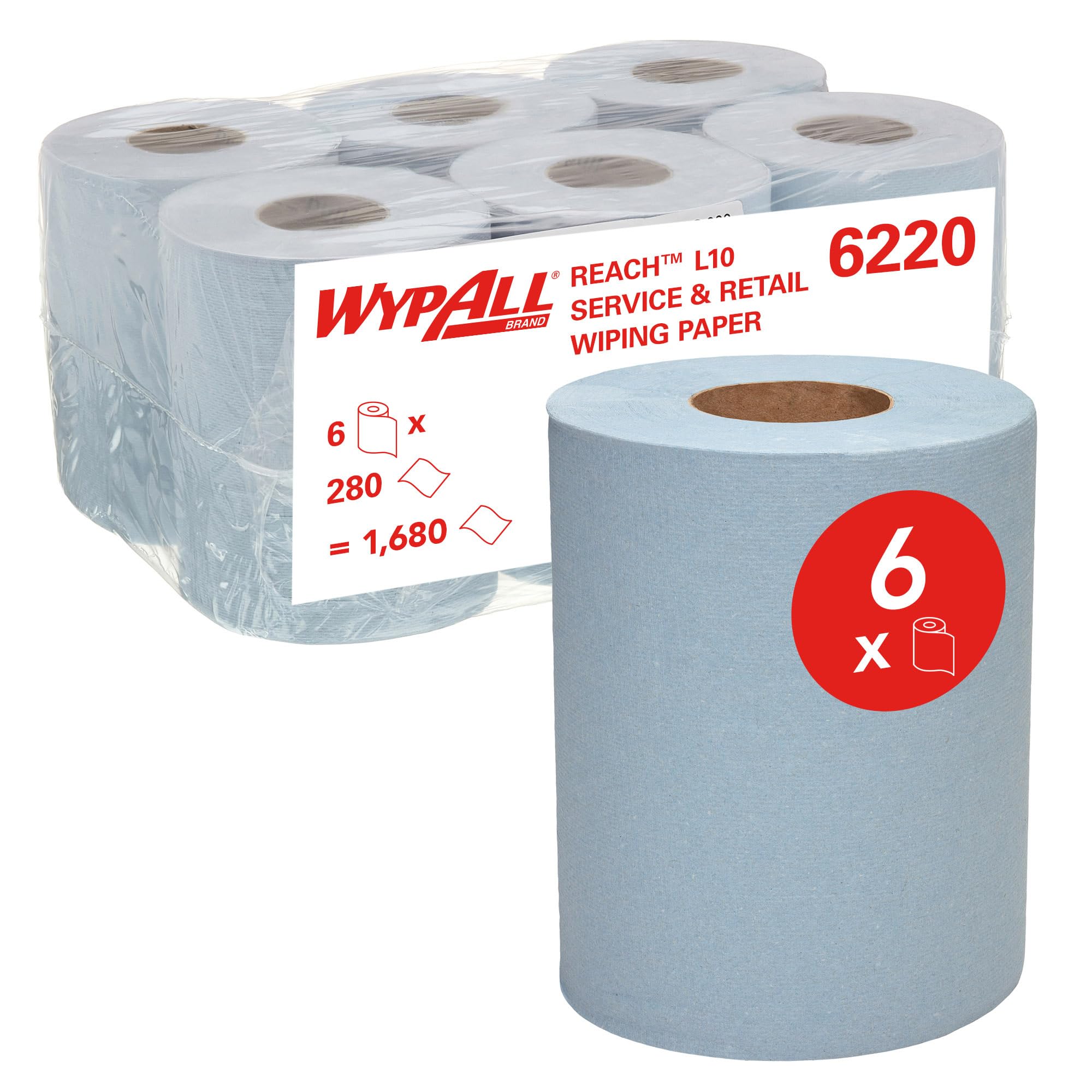 WypAll L10 Service & Retail Wiping Paper 6220-1 Ply Centrefeed Blue Roll - 6 Centrefeed Rolls x 280 Paper Wipes (1,680 Total)