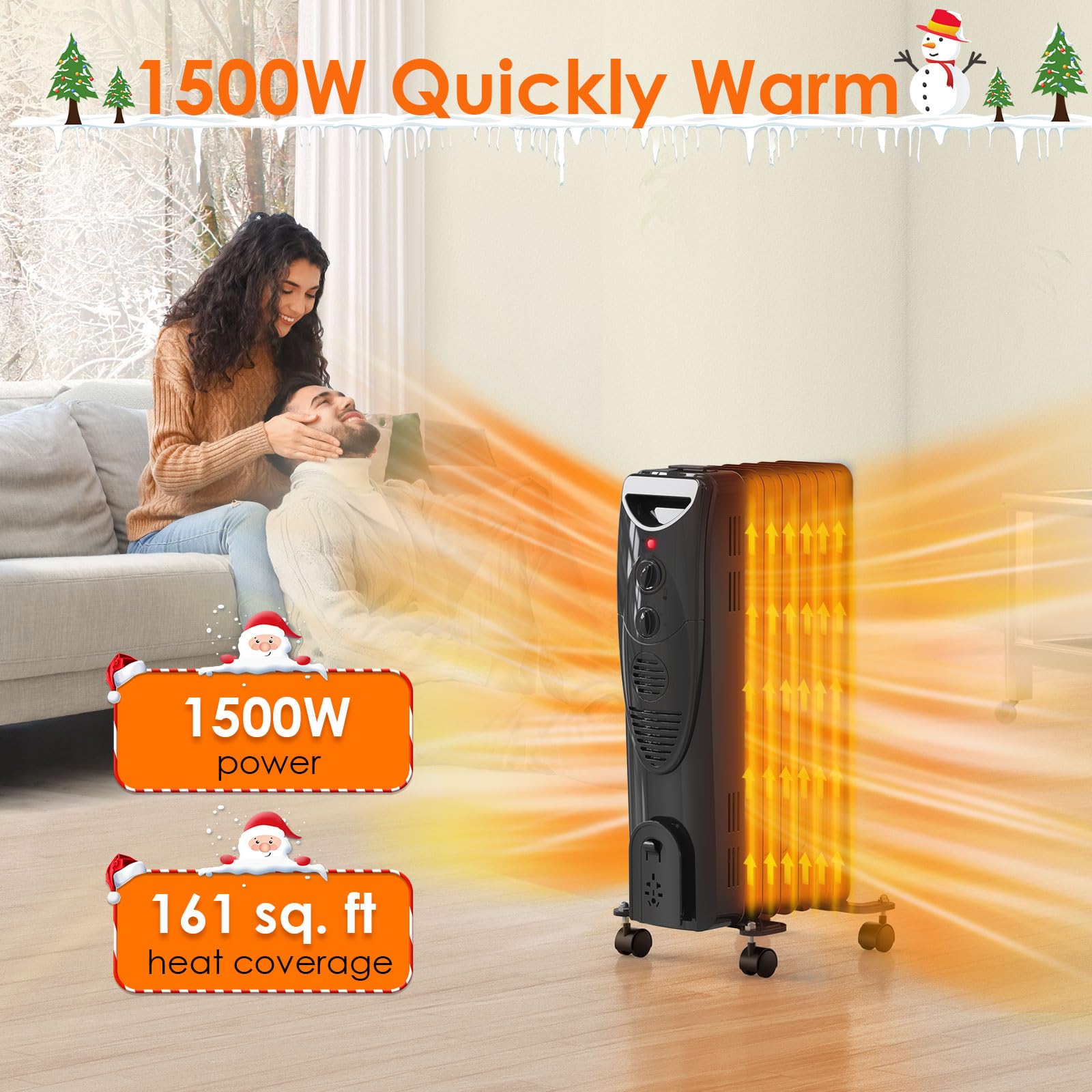 Oil Heater, 1500W Air Choice Electric Portable Space Heaters with 3 Heat Settings, Overheat & Tip-Over Protection, Adjustable Thermostat, Quiet Oil Filled Radiator Heater for Indoor Use, Home, Office
