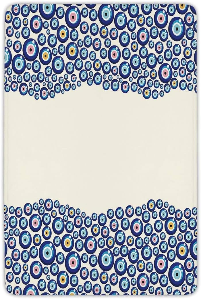 WYICPLO Bathroom Bath Rug Kitchen Floor Mat Carpet,Evil Eye,Energetic Border Framework Design with All Seeing Eyes Good Luck Symbol Decorative,Blue Pink Yellow,Non-slip,23.6 X 15.7 Inch
