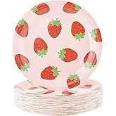 SHIBADOU Strawberry Party Paper Plates - 50 PCS Disposable Party Supplies Strawberry Paper Dessert Plates for Birthday Baby Shower Summer Fruit 1st (7 inches)