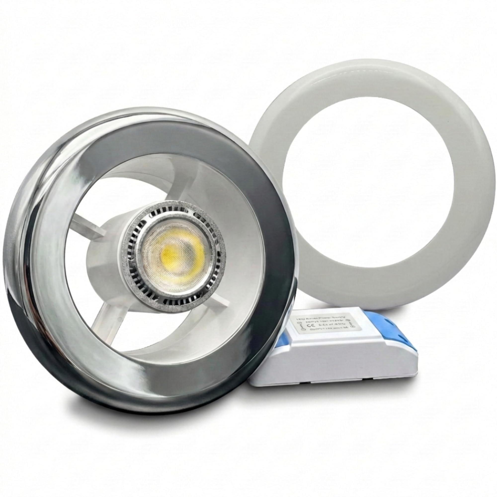 AirTech- UK Air Vent with LED Light and Transformer 4 inches 3W with Chrome & White Grille Fits 100mm /4 inch Ducting Bathroom Shower Air Vent with Light