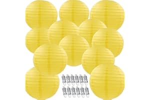 NUDALA 12pcs Yellow Paper Lanterns with 12pcs White LED Lights, 6" 8" 10" 12" Round Hanging Chinese/Japanese Ball Lantern for Easter Wedding Anniversary Birthday