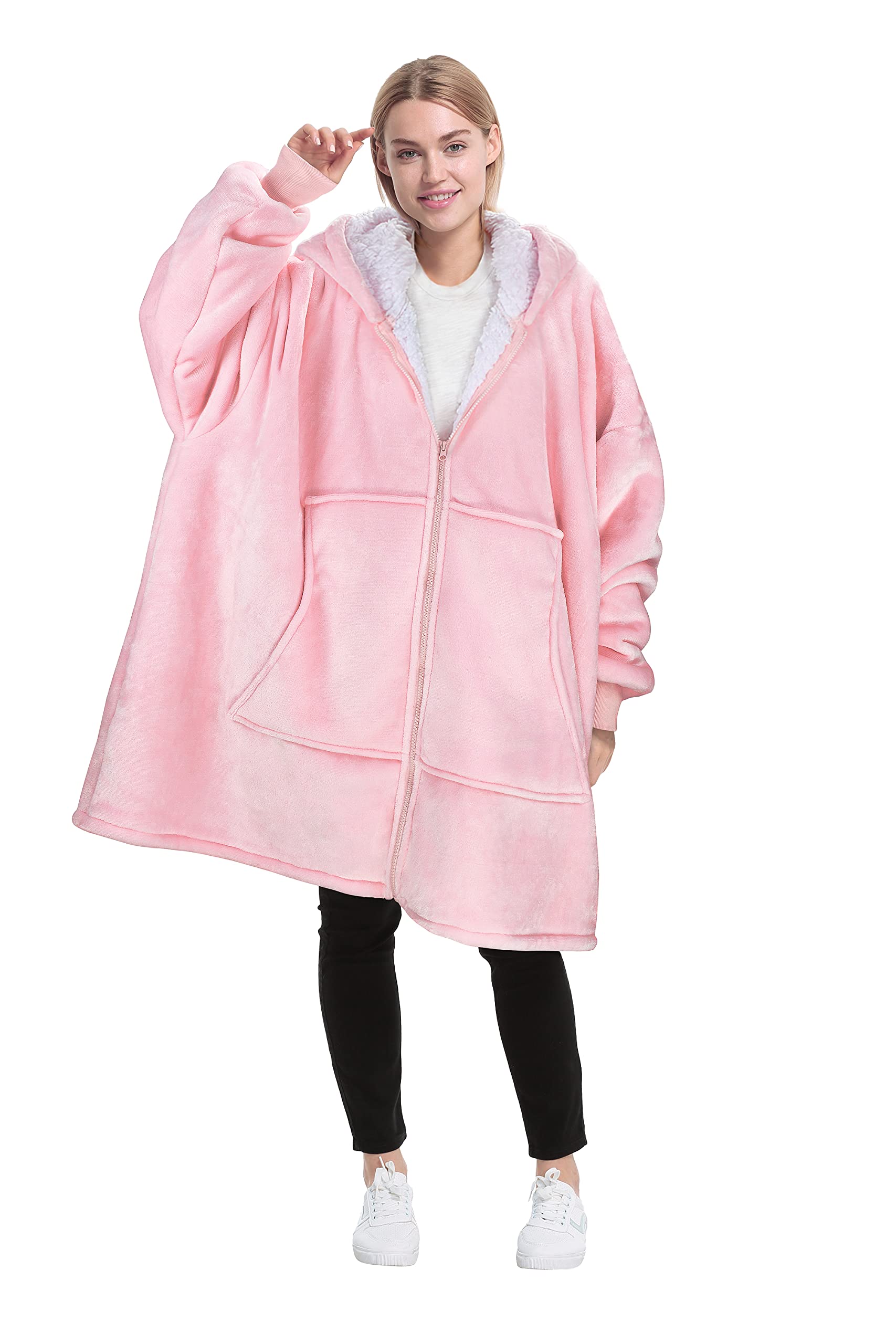 Catalonia Classy Full Zipper Oversized Hoodie Blanket, Cozy Gifts, Wearable Sherpa Blanket, Soft Warm Jumpers, Comfortable Giant Hoody Sweater Adults Men Women, Pink