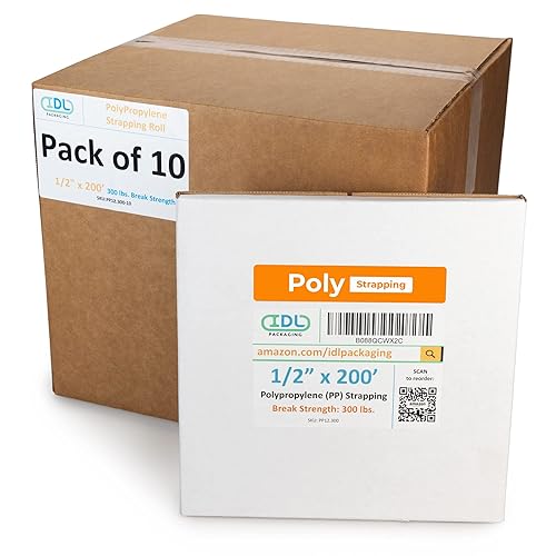 IDL Packaging 1/2" x 200' Polypropylene (PP) Strapping Roll in Self-Dispensed Box (Pack of 10), 300 lbs Break Strength - Poly Banding Packing Straps